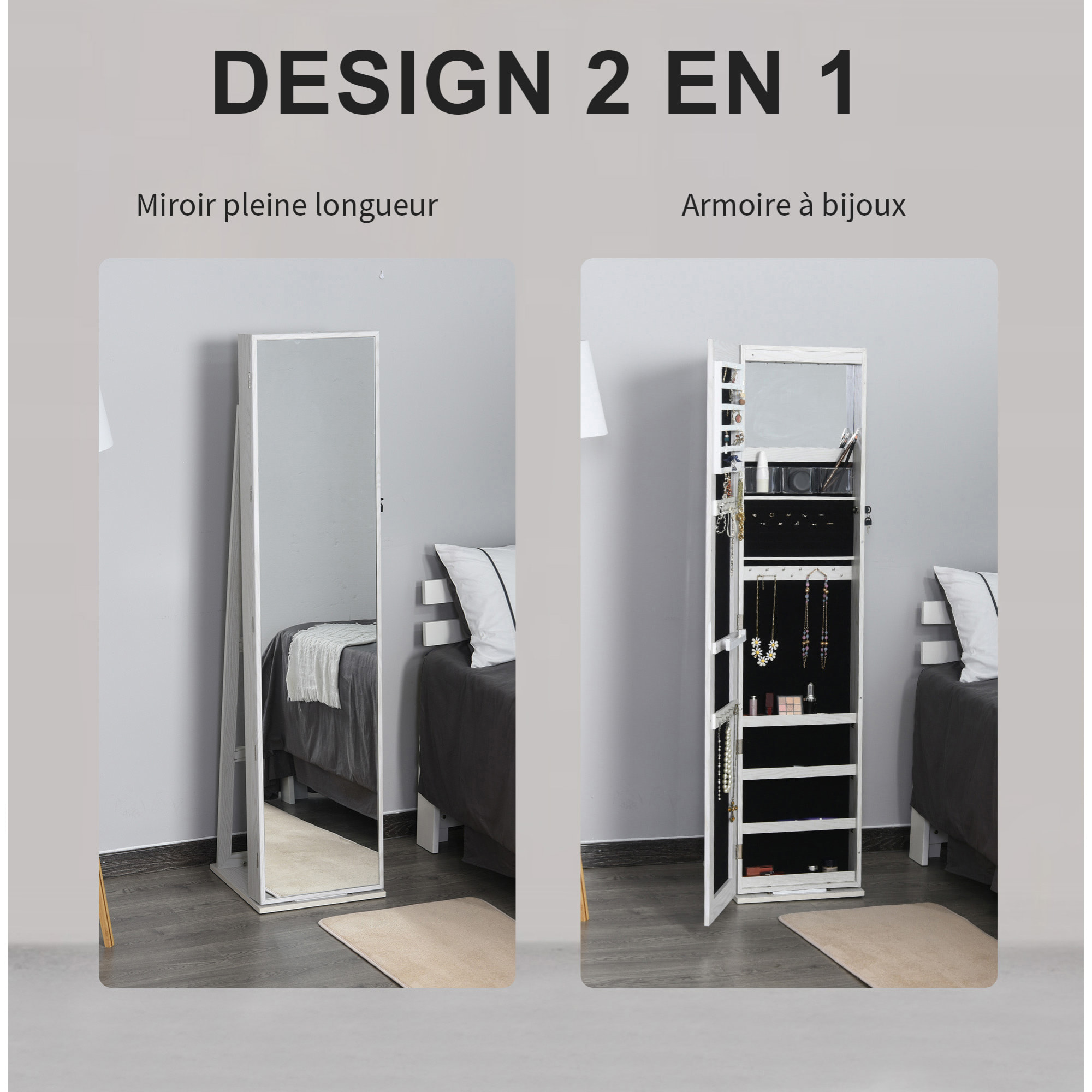 HOMCOM Armoire à bijoux avec miroir sur pied multi-rangements éclairage LED blanc dim. 38L x 38l x H157 cm