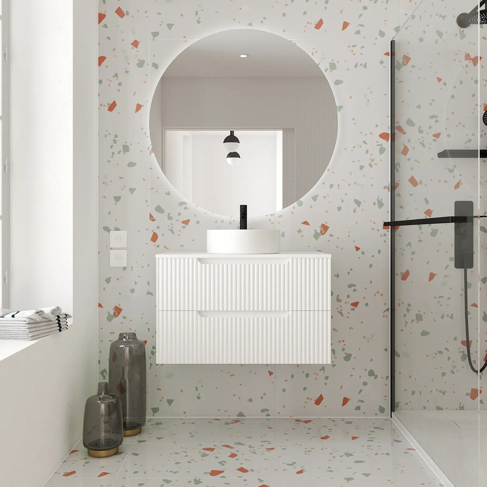 Meuble de Salle de Bains LEON 80cm Blanc Neige - 2 Tiroirs en MDF Ondules - Vasque Ronde 36cm