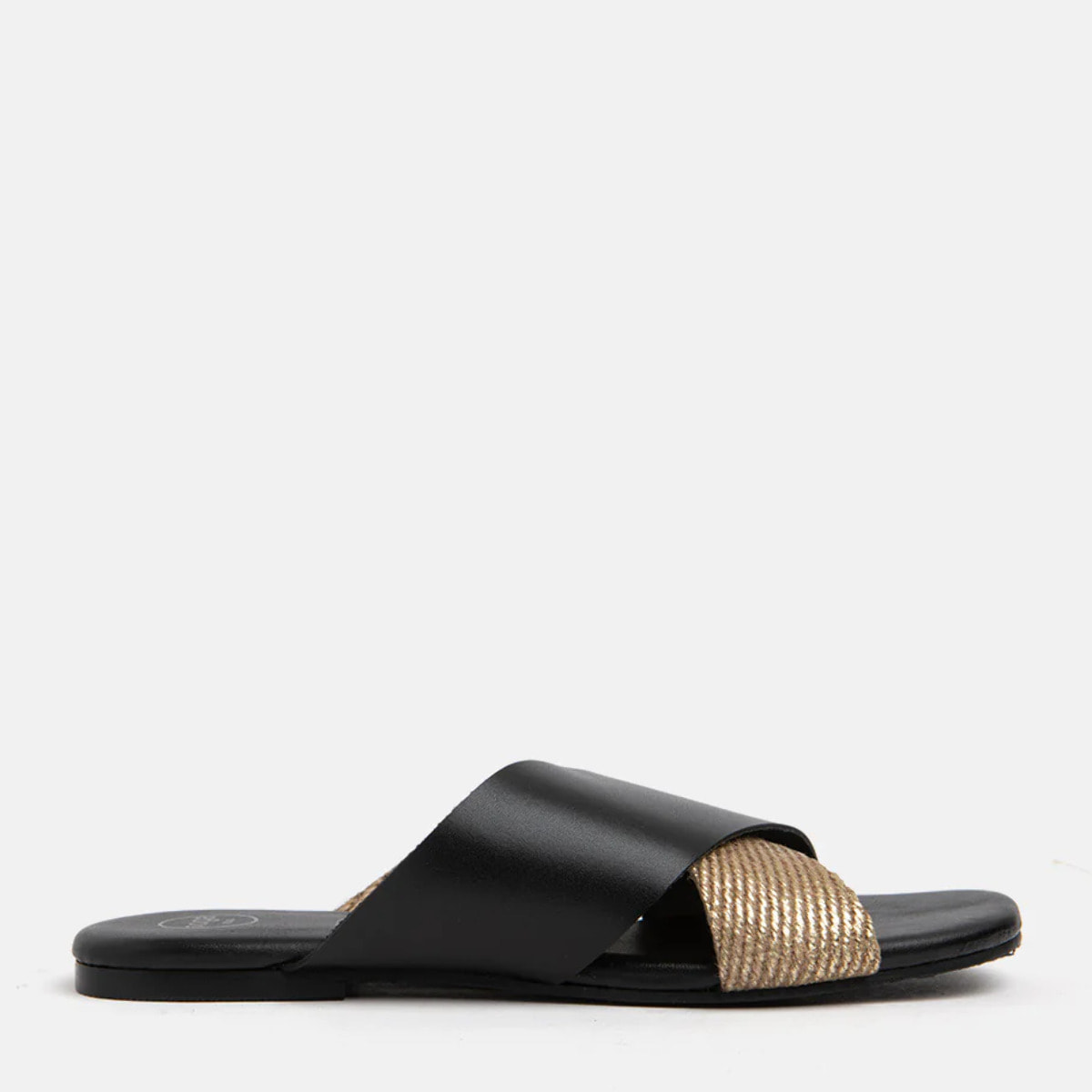 Ciabattina in vera pelle con fascia larga in oro - NERO