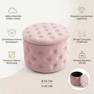 Pouf contenitore rotondo in velluto trapuntato Ø54x40 cm, pouf imbottito con vano portaoggetti e coperchio, design Chesterfield elegante per salotto camera da letto ingresso, seduta decorativa con tasche interne