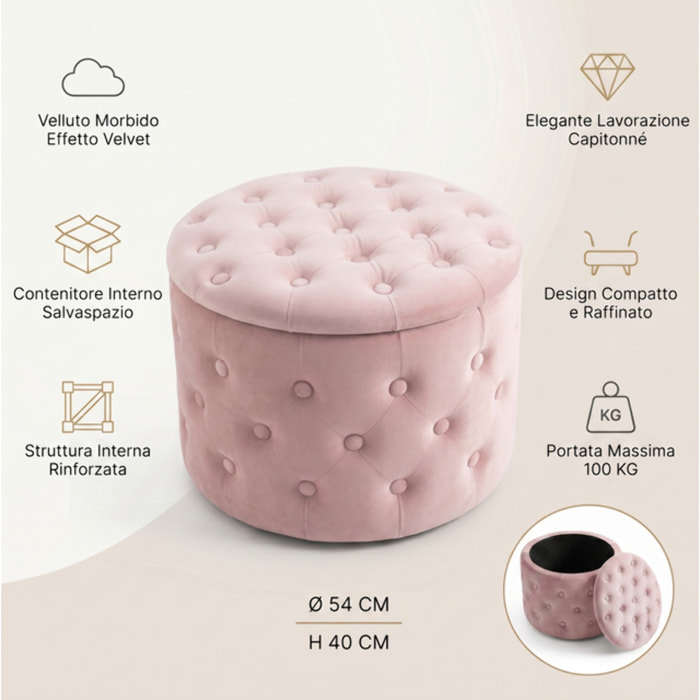 Pouf contenitore rotondo in velluto trapuntato Ø54x40 cm, pouf imbottito con vano portaoggetti e coperchio, design Chesterfield elegante per salotto camera da letto ingresso, seduta decorativa con tasche interne