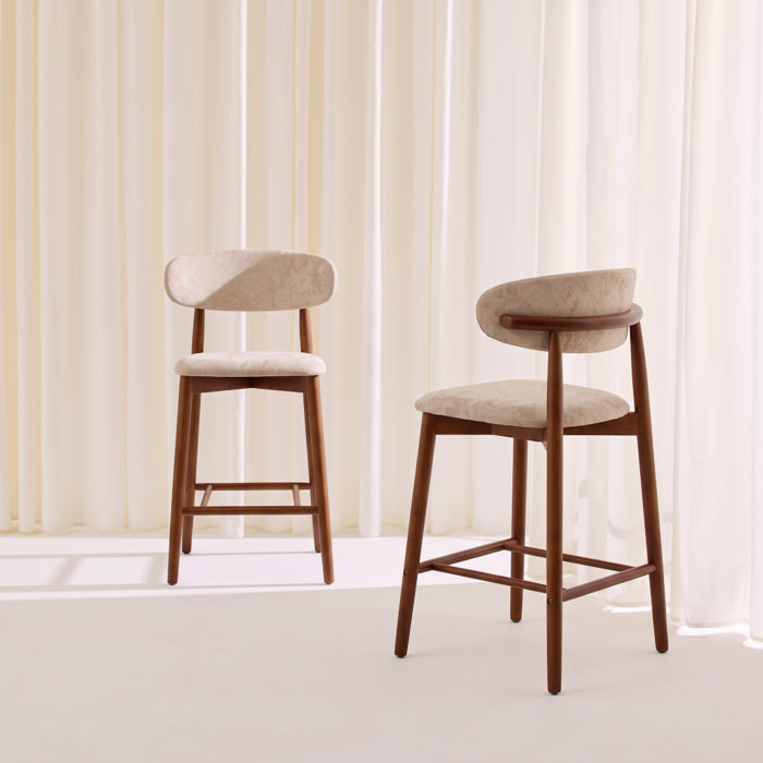 Tabouret de bar bois d'hévéa noyer et tissu chenille (lot de 2)  PAOLA