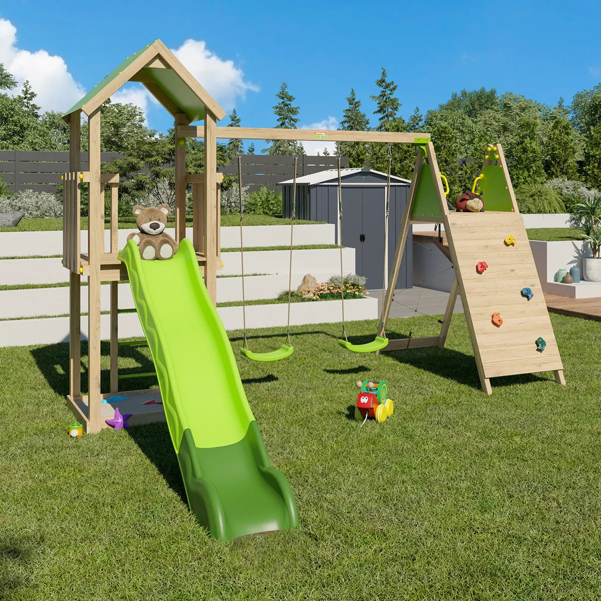 Aire de jeux bois 2,20 m OLYMPIA XPERIENCE vert - 9 enfants