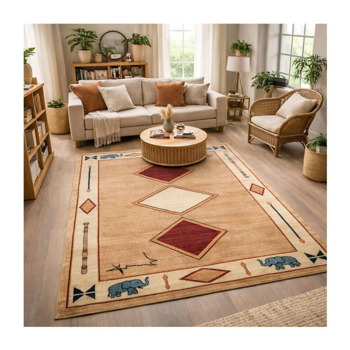 Tapis Tevu rouge et beige aux motifs géométriques d'inspiration Kazak