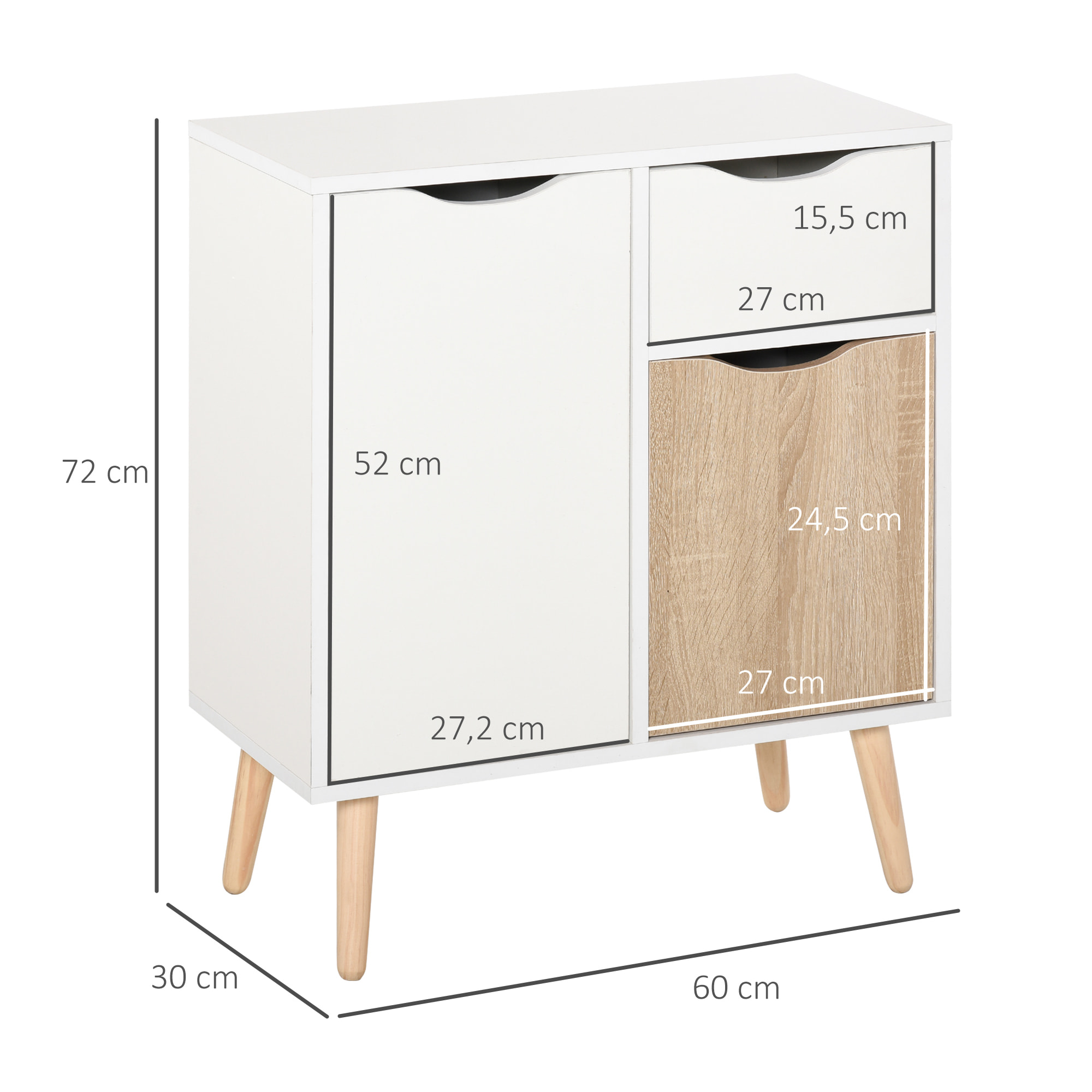 HOMCOM Meuble de rangement design scandinave 2 placards tiroir coulissant pieds bois massif pin panneaux particules blanc chêne clair