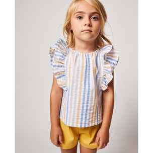 BLUSA CON DOBLE VOLANTE RAYA AZUL BEIGE Y AMARILLA