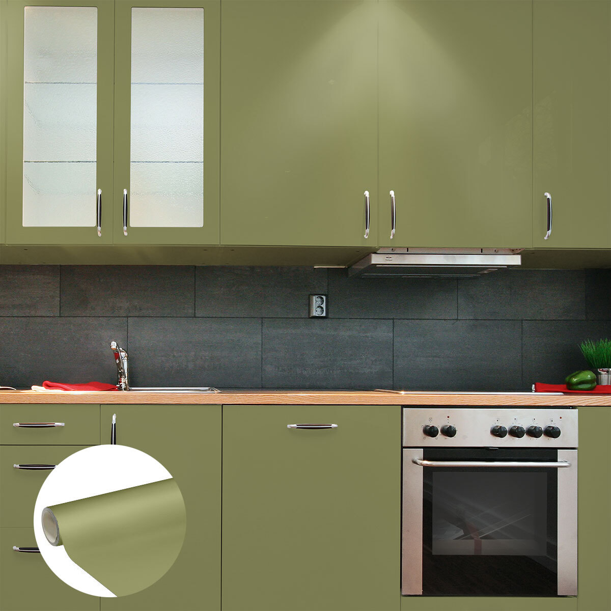 Rouleau adhésif décoratif Vinyle au Mètre - Vert olive - Sticker Lavable Imperméable Mur Cuisine Meubles
