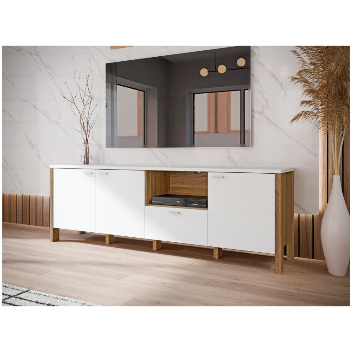 Meuble TV L193 cm 1 tiroir 3 portes 1 niche décor gris clair - BOLERO
