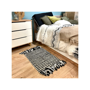 Tapis 60 x 80 cm tissu texturé petits pompons avec franges bicolores - MARINE