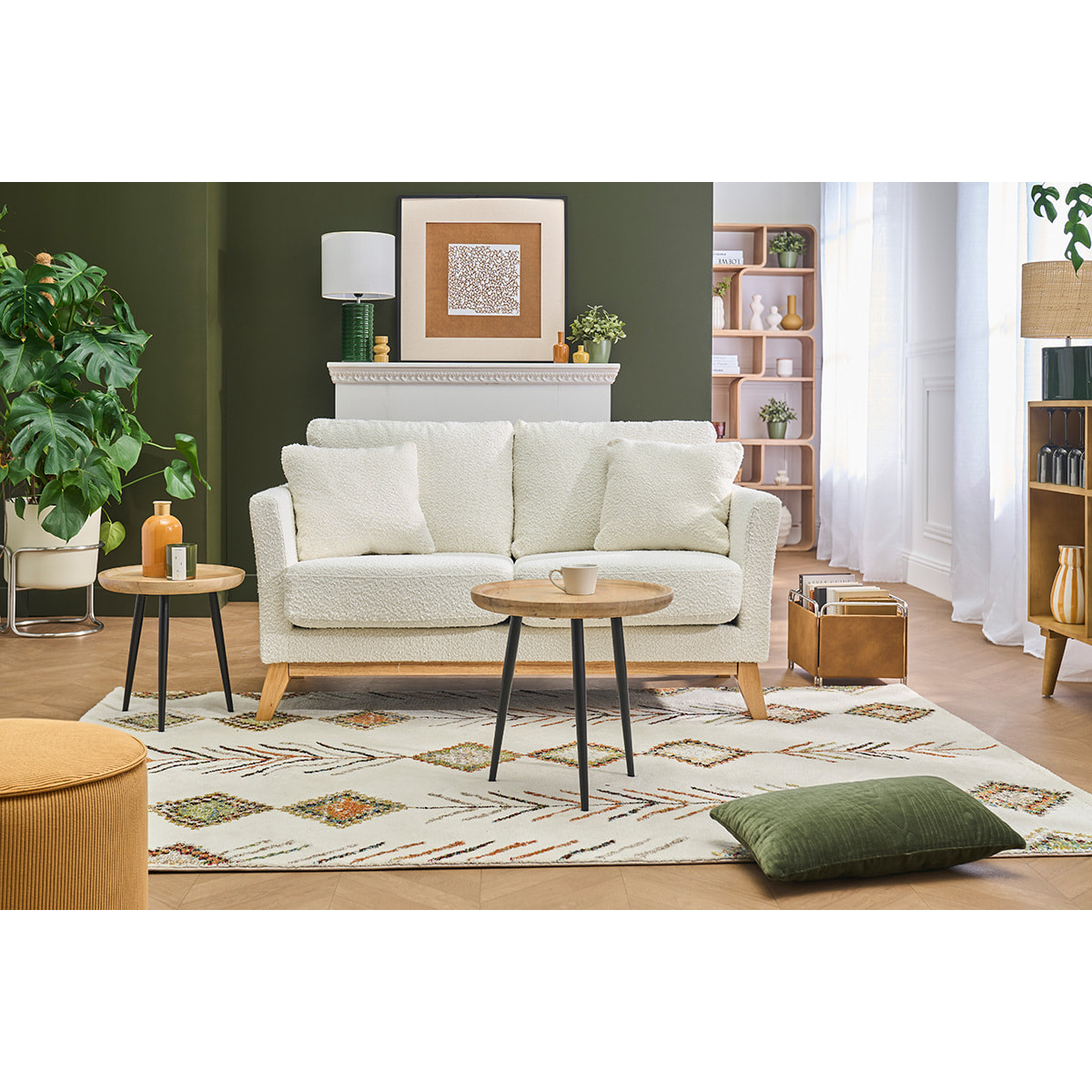 Canapé scandinave déhoussable 2 places en tissu effet laine bouclée blanc cassé et bois clair OSLO