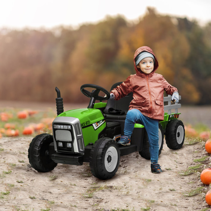 Tracteur électrique avec remorque amovible, voiture électrique enfants de 3 à 6 ans avec télécommande MP3 musique affichage lumières et ceinture de sécurité, 12V 3-6 km/h, vert