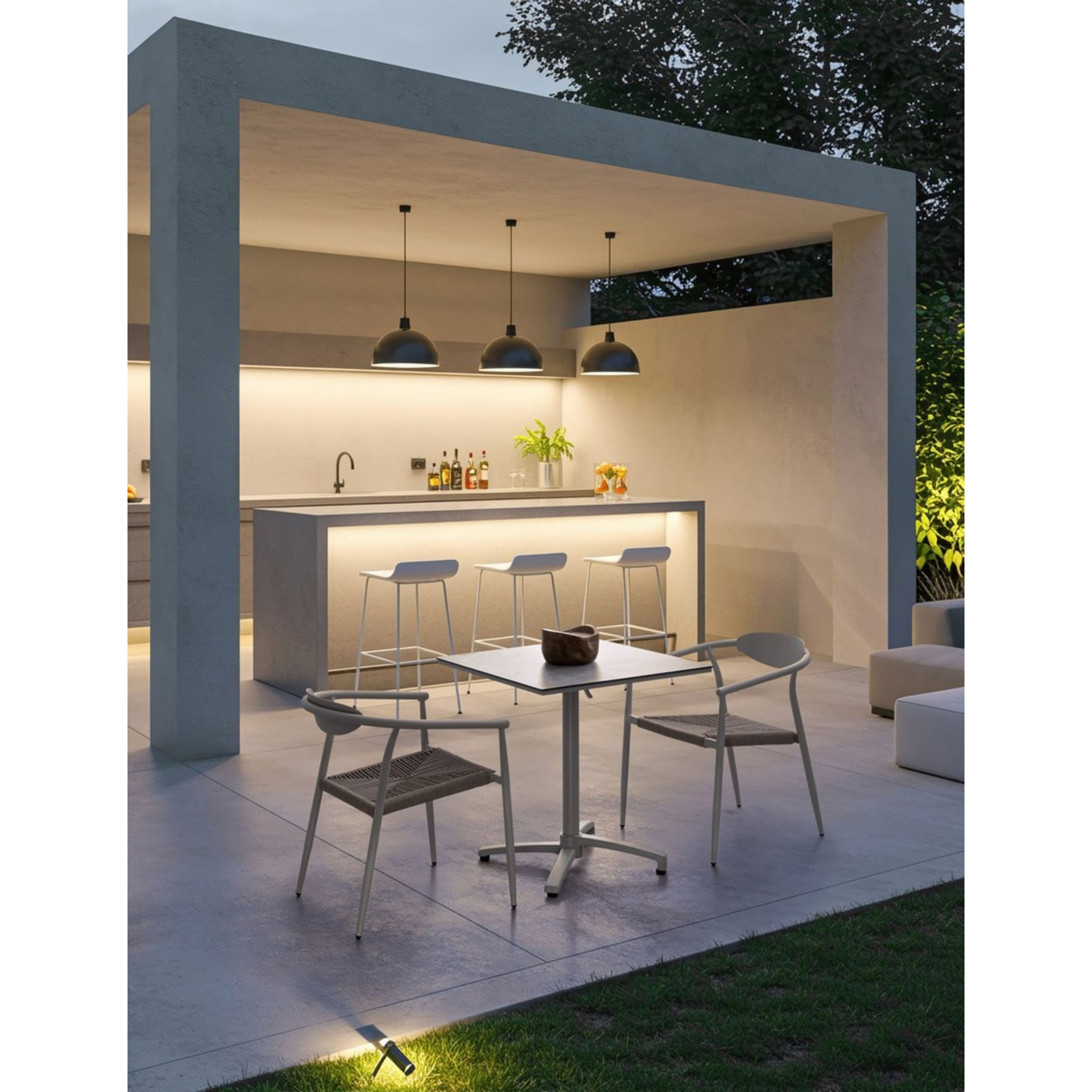Tavolo da bar quadrato LAREDO in alluminio beige e HPL tortora, pieghevole e impilabile, 70×70×74 cm