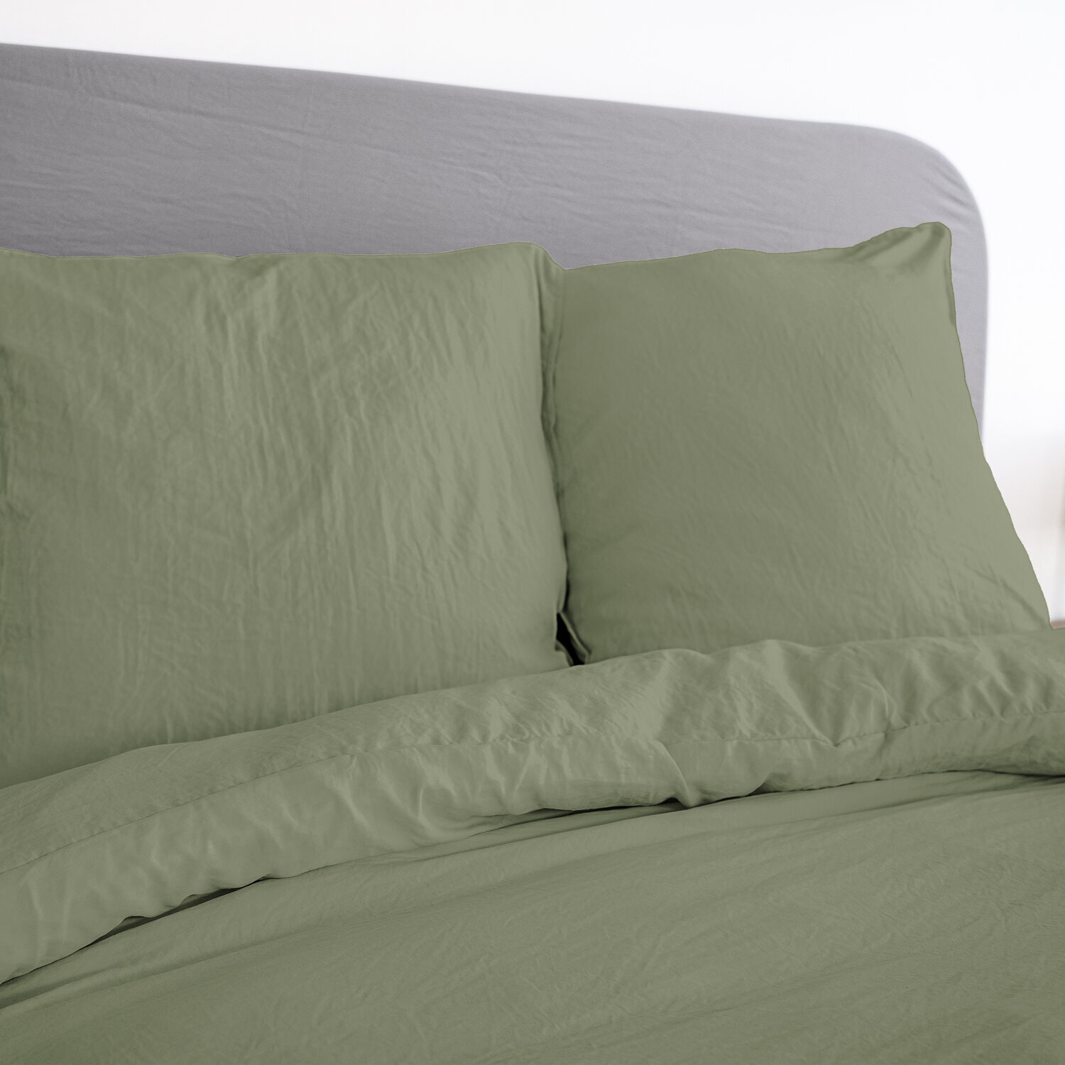 Parure housse de couette 3pc 100% microfibre lavee unie - vert olive