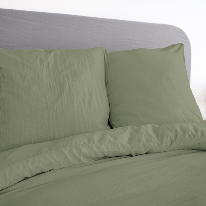 Parure housse de couette 3pc 100% microfibre lavee unie - vert olive