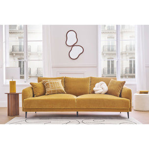 Canapé design 3 places en tissu effet velours prune et métal noir JERRY