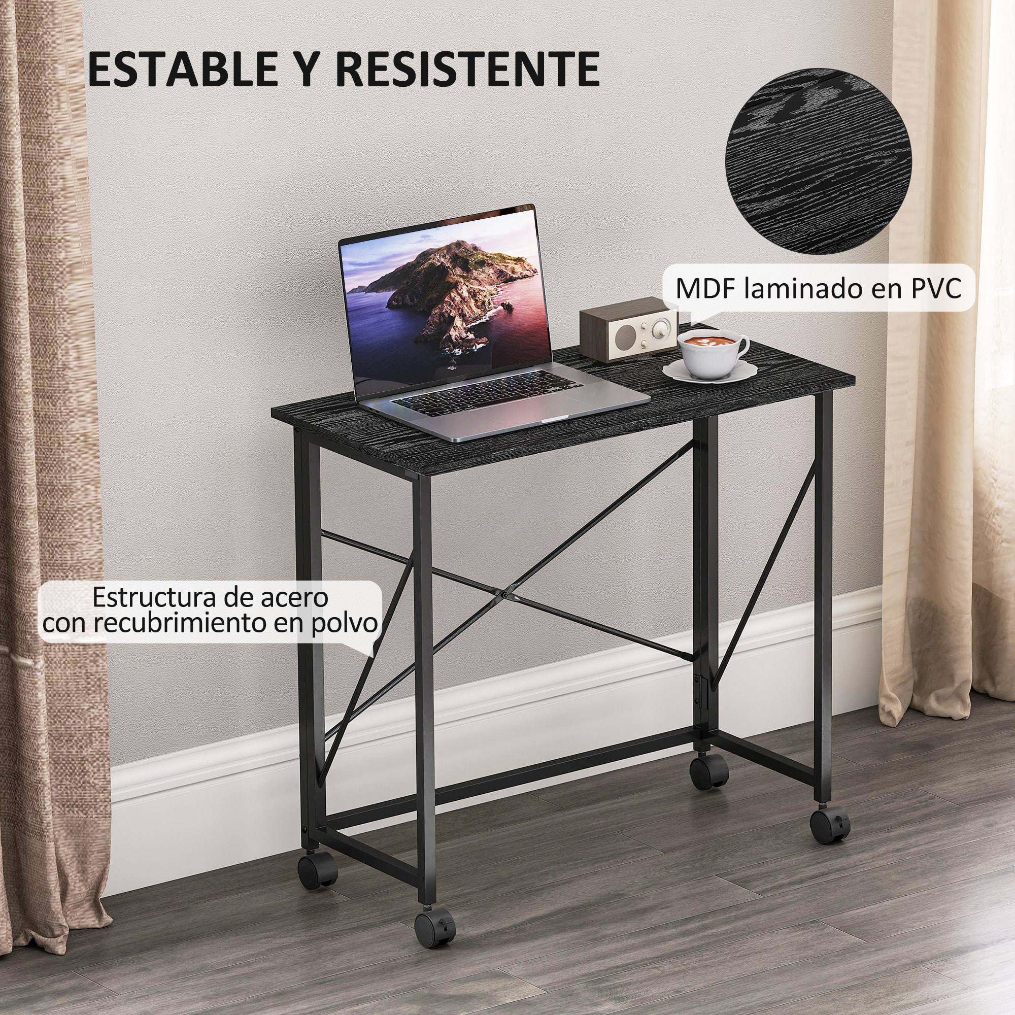 Escritorio Plegable con Ruedas Mesa Escritorio Compacta Mesa de Ordenador Portátil para Casa Oficina Espacios Pequeños 80x40x75 cm Negro