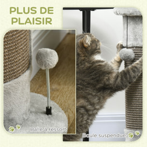 Griffoir grattoir poteau angle 58H cm design jeu boule suspendue + boule sur ressort peluche jute naturelle gris