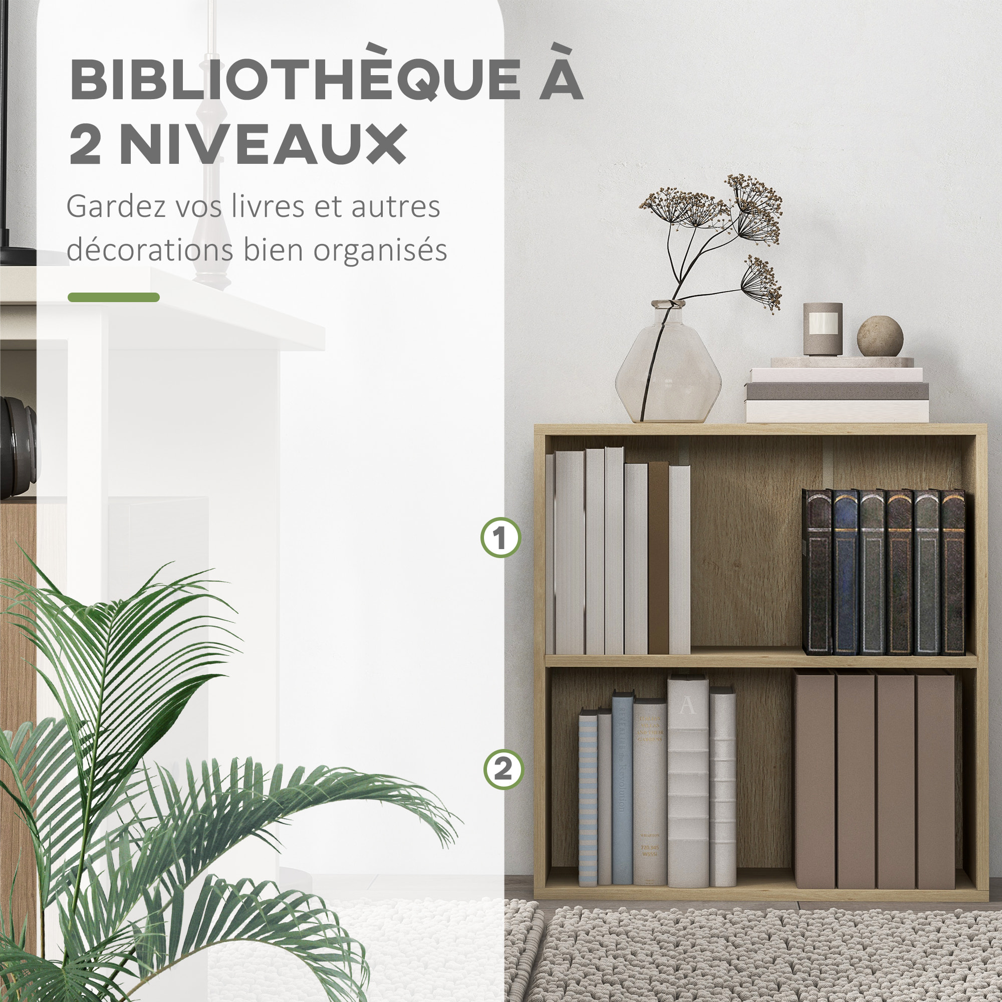 Bibliothèque cube - cube de rangement 2 compartiments - dim. 60 x 24 x 63 cm - effet bois clair