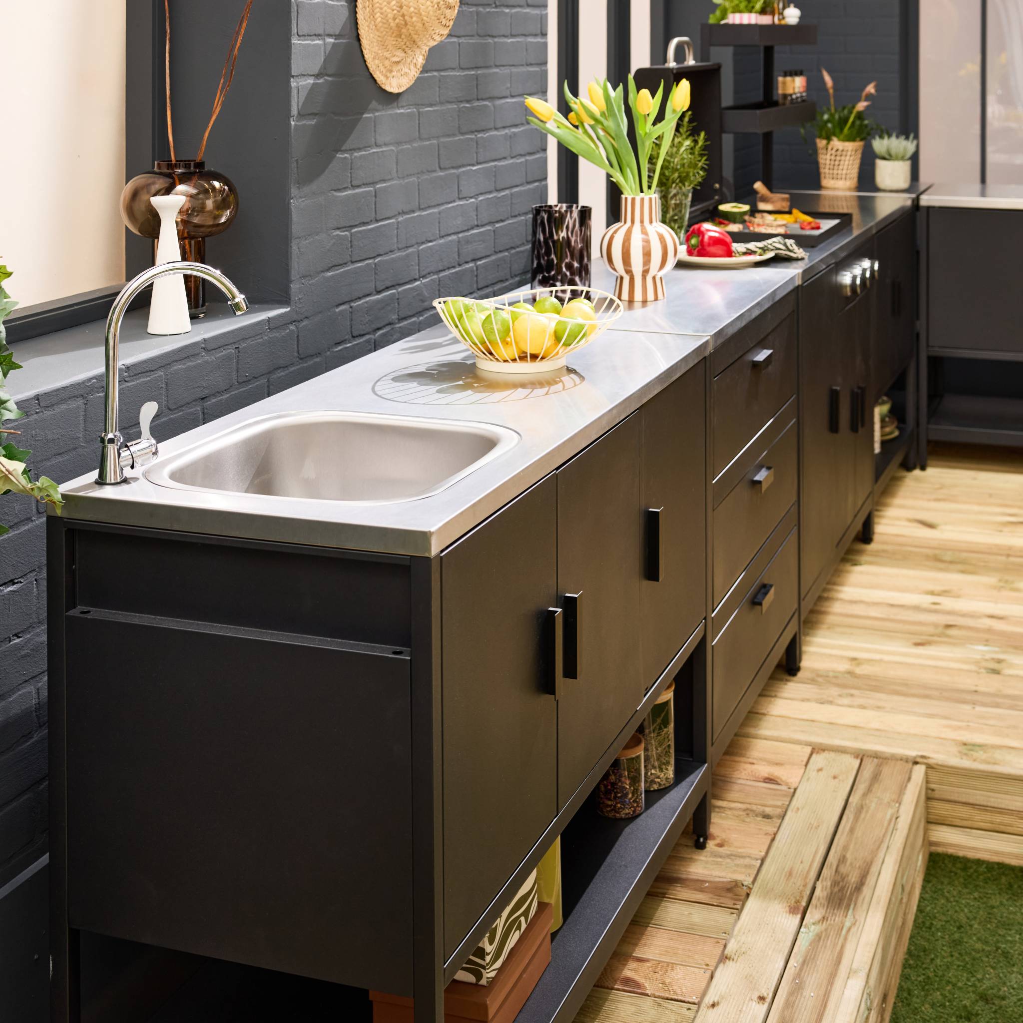 Cuisine d'extérieure 5 modules avec barbecue gaz 3 brûleurs sur pieds, thermomètre NAXOS BARBECUE GAZ + 5 MODULES