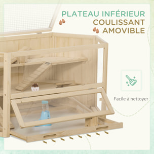 Cage pour hamster 2 étages dim. 115x60x55cm bascules biberon eau fenêtres cabanes toit ouvrable plateau déjection bois
