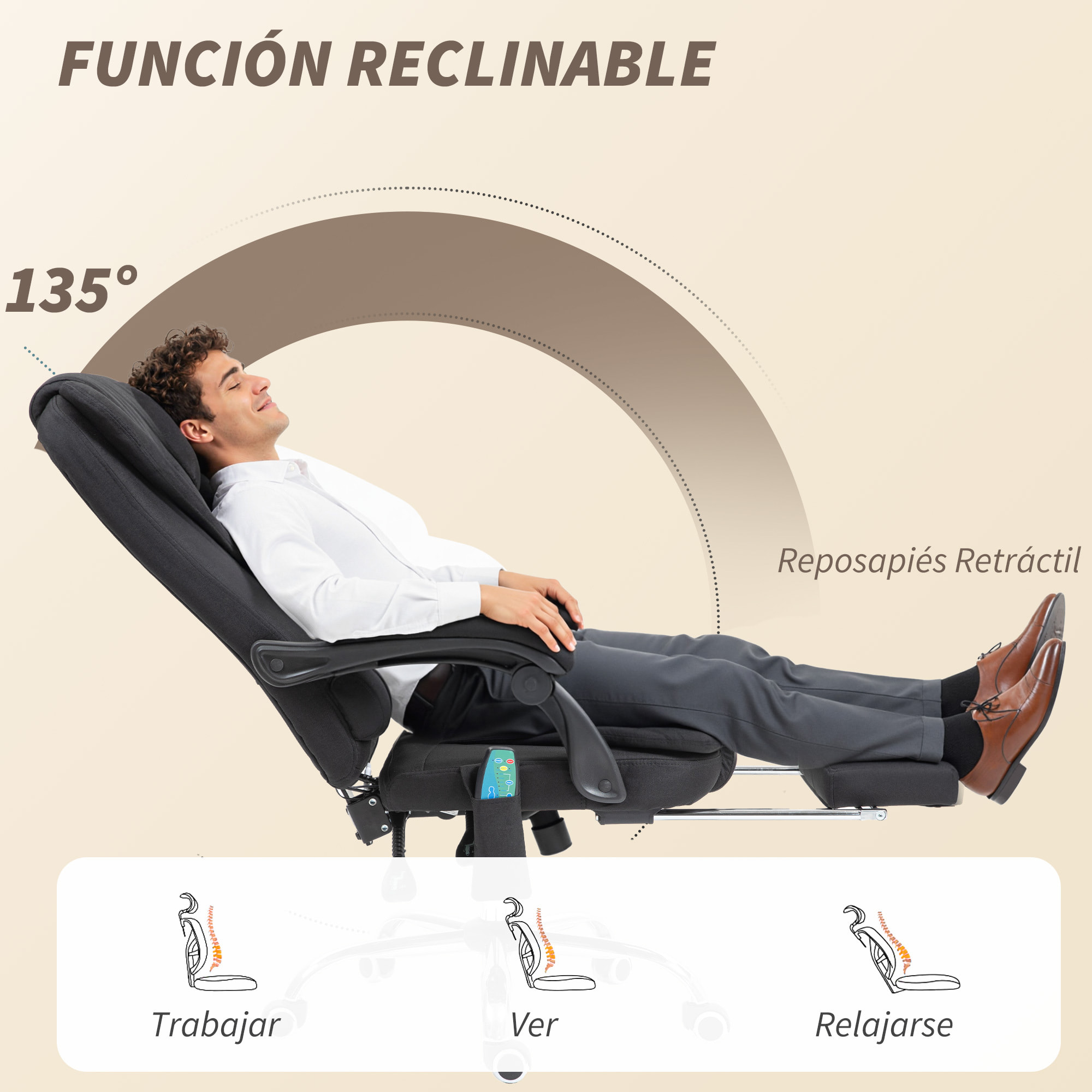 Silla de Oficina con 6 Puntos de Masaje Vibratorio, Silla de Escritorio Giratoria, Respaldo Reclinable 135Âº, Función Calefacción, Reposapiés Retráctil, Altura Ajustable, Control Remoto, Negro