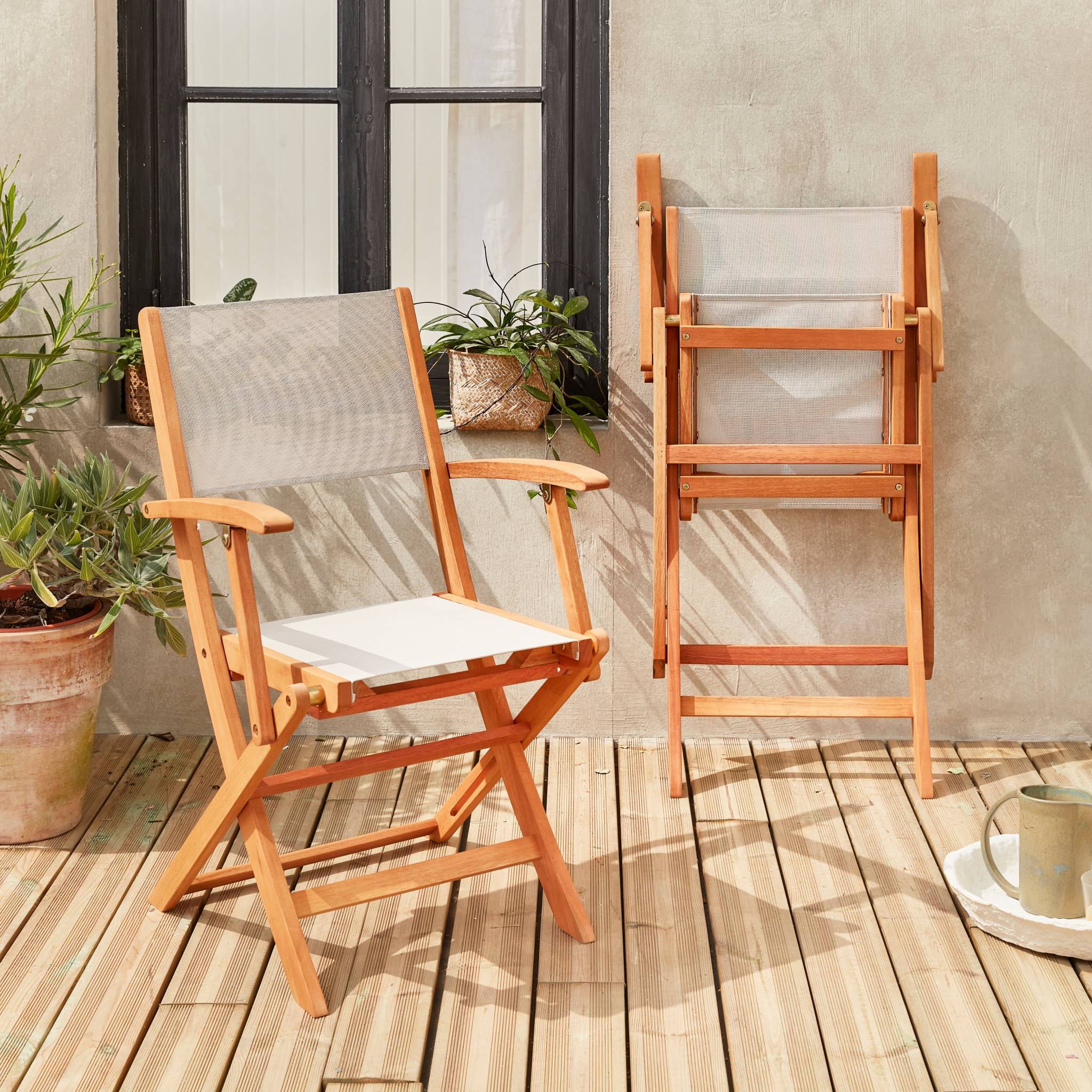 Fauteuils de jardin en bois et textilène - Almeria blanc - 2 fauteuils pliants en bois d'Eucalyptus huilé et textilène