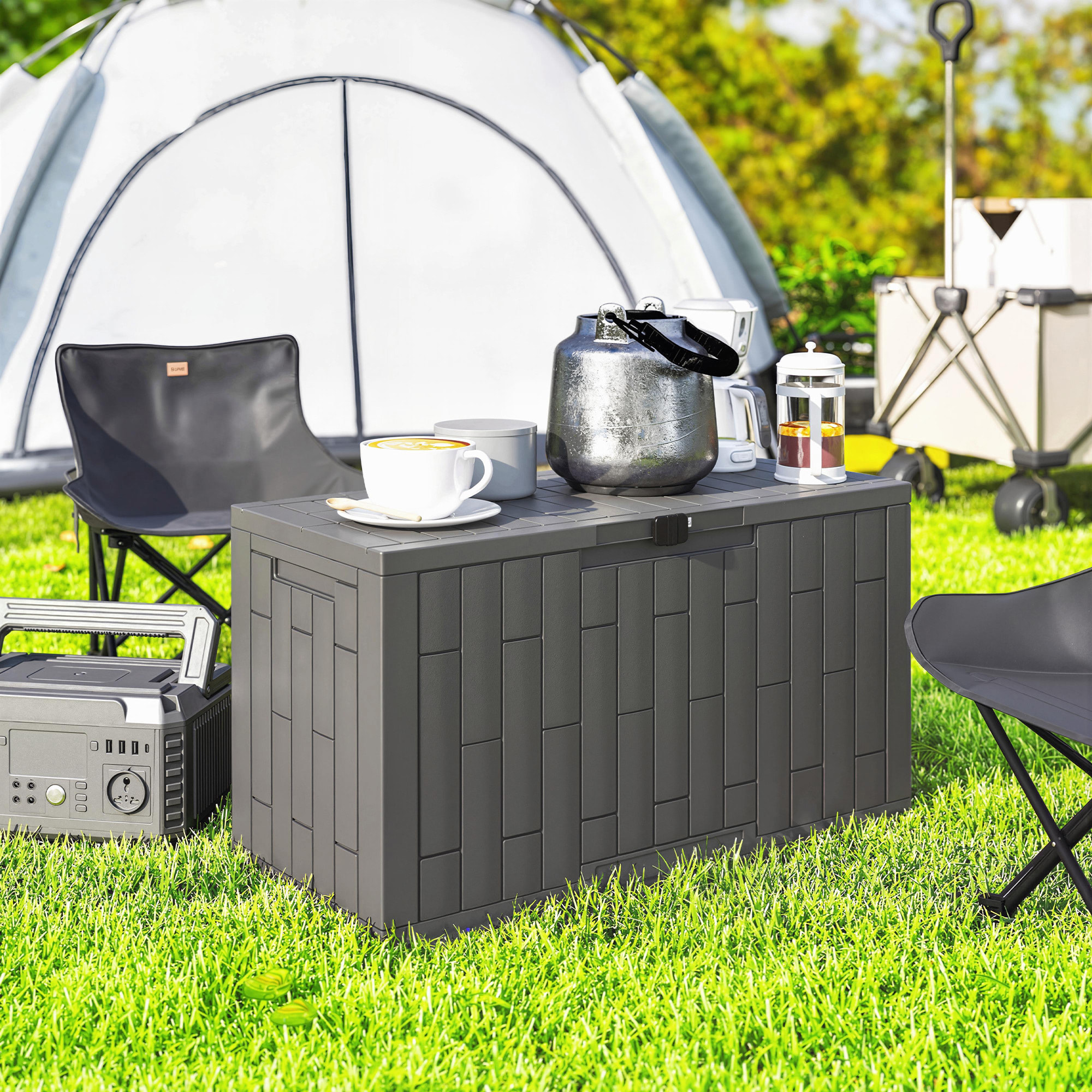 Coffre de jardin 227L verrouillable PP aspect bois gris