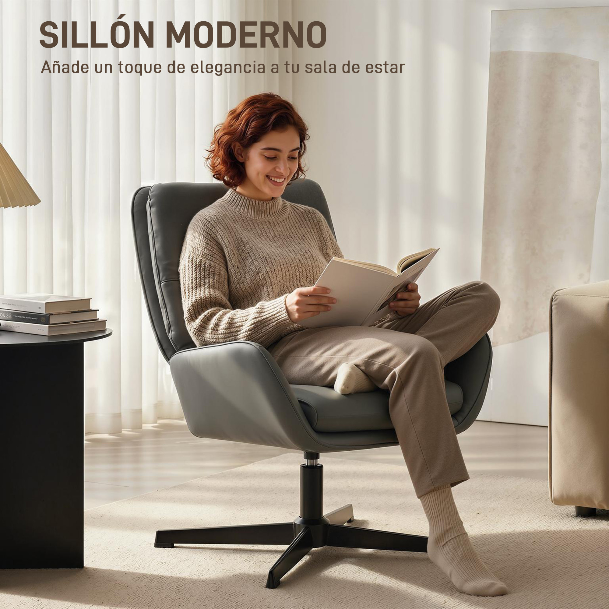 Sillón Giratorio, Butaca de Salón Tapizado en PU, Sillón Lectura con Asiento Acolchado, Reposabrazos, Patas Metálicas, para Sala de Estar, Dormitorio, Gris