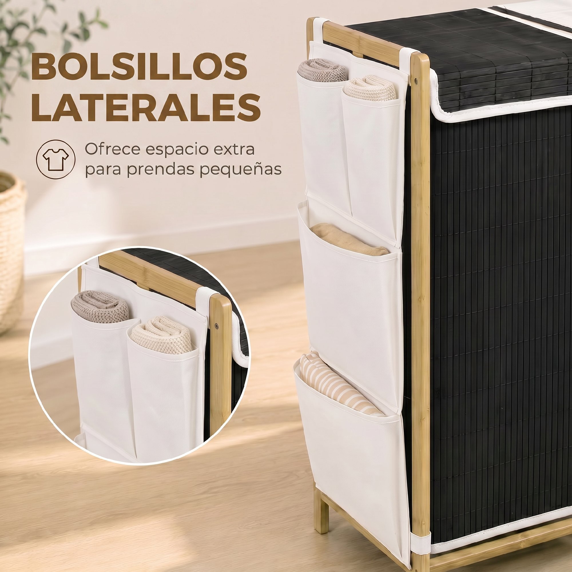 Cesto de Ropa Sucia con Tapa, 120L, Cesta de Ropa Sucia de Bambú con 2 Compartimentos, Bolsas Extraíbles y Lavables con Cordón, Bolsillos Laterales, para Lavandería, 63x33x78 cm, Blanco y Negro