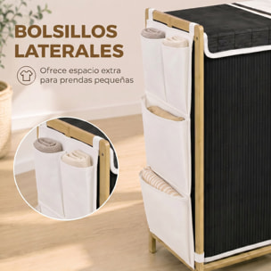 Cesto de Ropa Sucia con Tapa, 120L, Cesta de Ropa Sucia de Bambú con 2 Compartimentos, Bolsas Extraíbles y Lavables con Cordón, Bolsillos Laterales, para Lavandería, 63x33x78 cm, Blanco y Negro