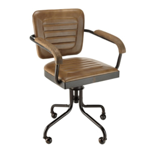 MARCEL - Fauteuil roulettes assise matelassée cuir accoudoirs manguier