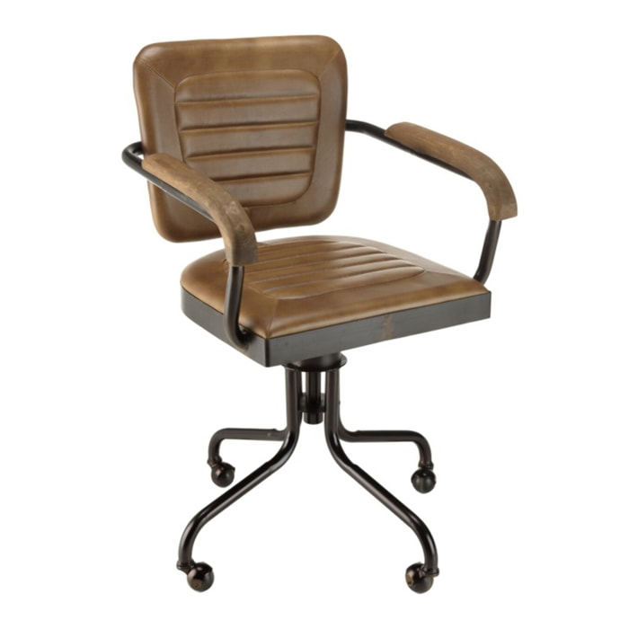 MARCEL - Fauteuil roulettes assise matelassée cuir accoudoirs manguier