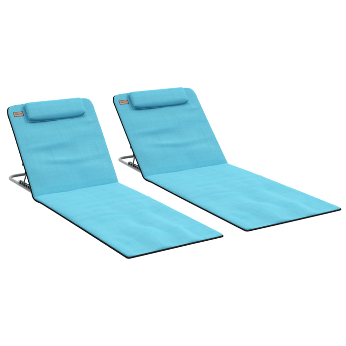 Conjunto de 2 Esterillas de Playa Plegable Esterillas con Respaldo Reclinable en 5 Niveles Reposacabezas y Bolsa de Transporte 134x48x33-43 cm Azul