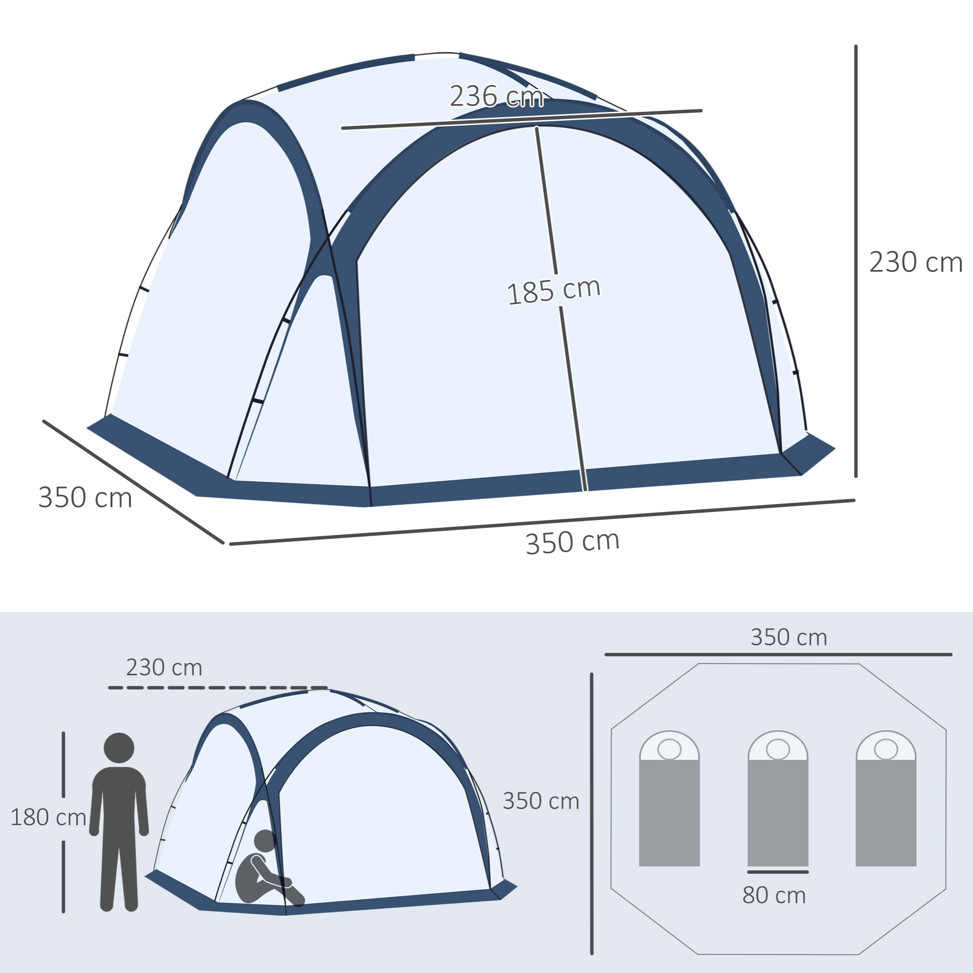 Tente de camping dôme familiale 6-8 personnes - 4 portes en filet zippées, tissu Oxford amovible, crochet lampe, sac de transport - dim. 350L x 350l x 230H cm - blanc bleu