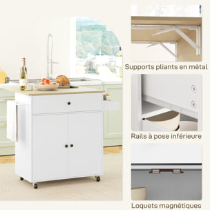 Desserte de cuisine 2 portes étagère tiroir support épices porte-serviette blanc effet bois naturel