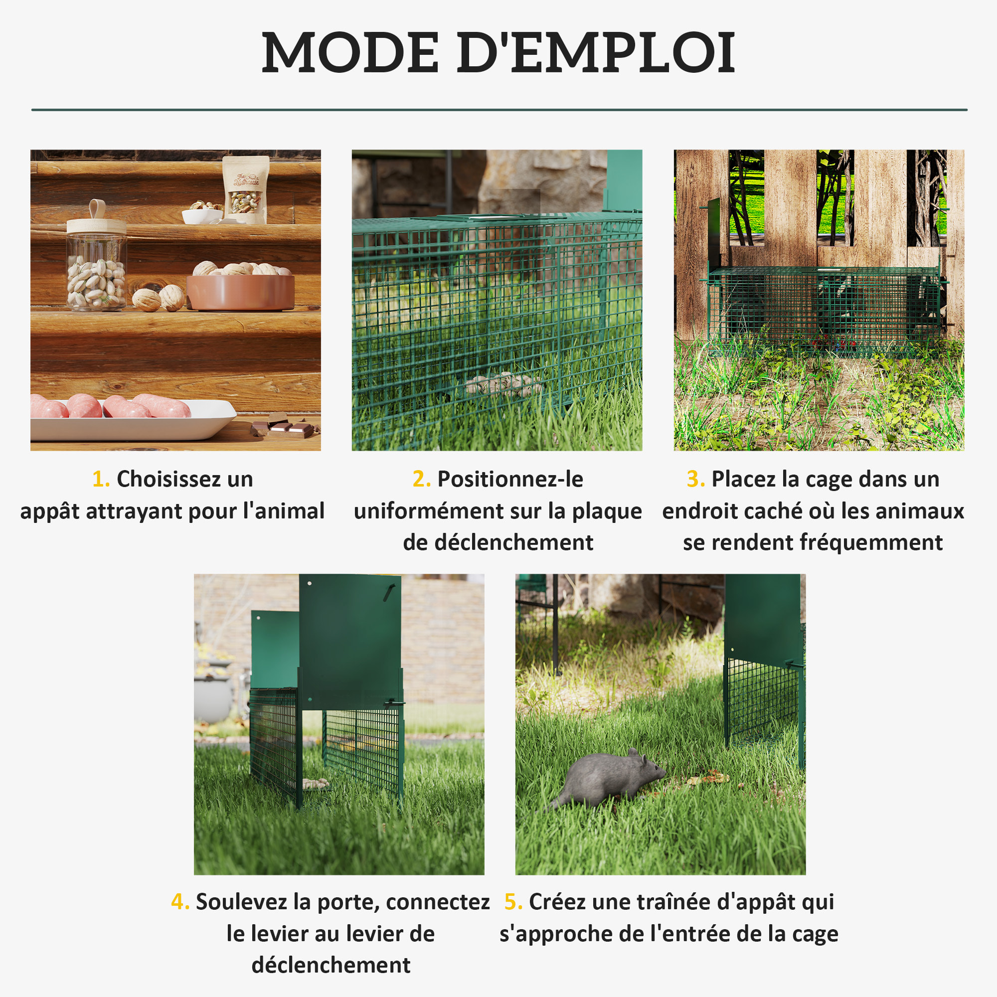Piège de capture pour petits animaux type lapin rat - 2 entrées + poignée - dim. 60L x 18l x 20H cm - métal vert