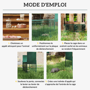 Piège de capture pour petits animaux type lapin rat - 2 entrées + poignée - dim. 60L x 18l x 20H cm - métal vert