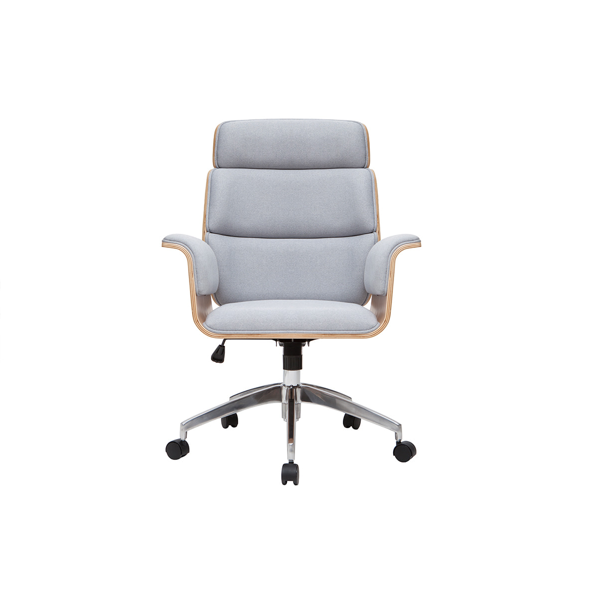 Fauteuil de bureau à roulettes design en tissu gris clair, bois clair et achier chromé ELON