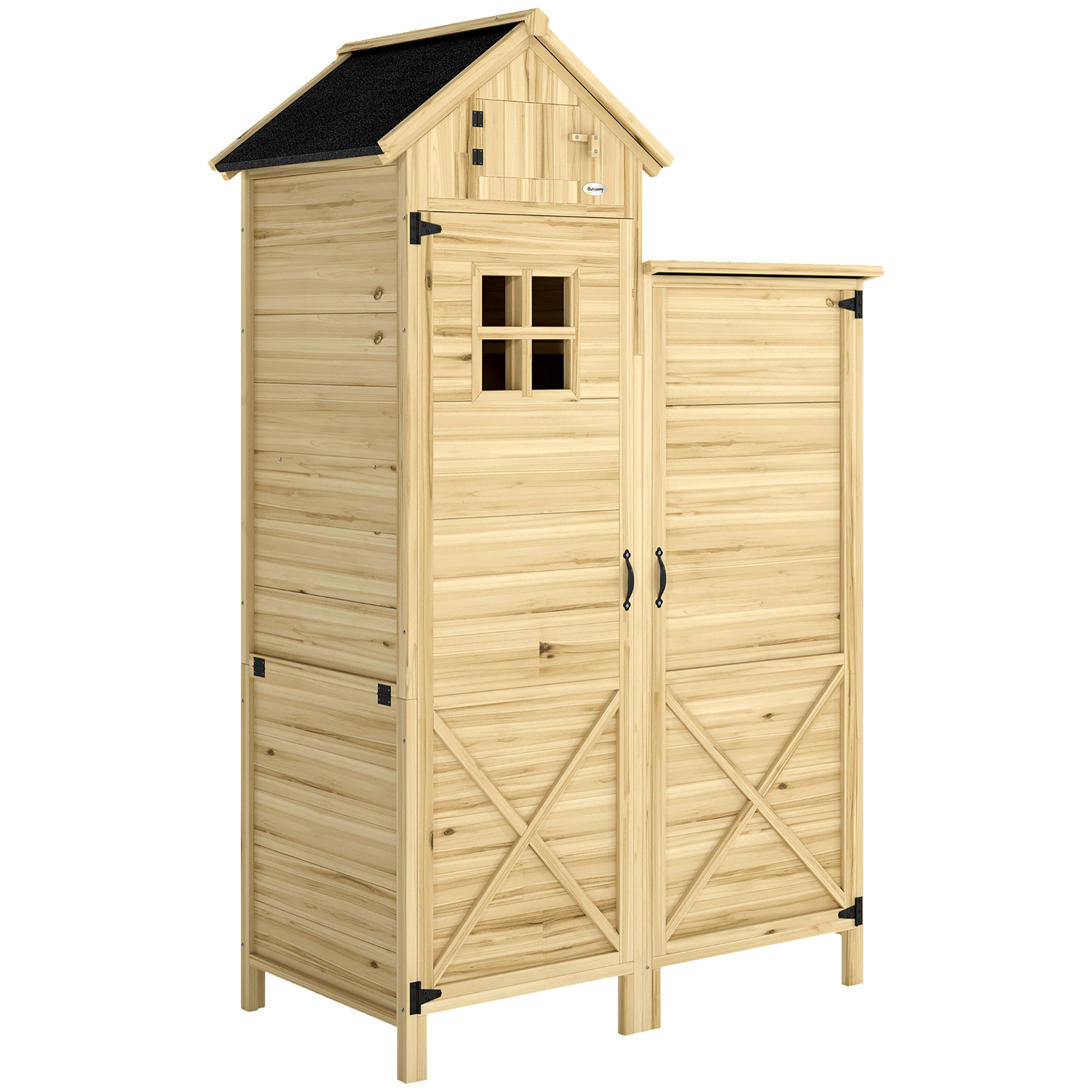 Armoire de jardin en bois 2 + 1 portes 2 étagères fenêtre toit bitumé noir