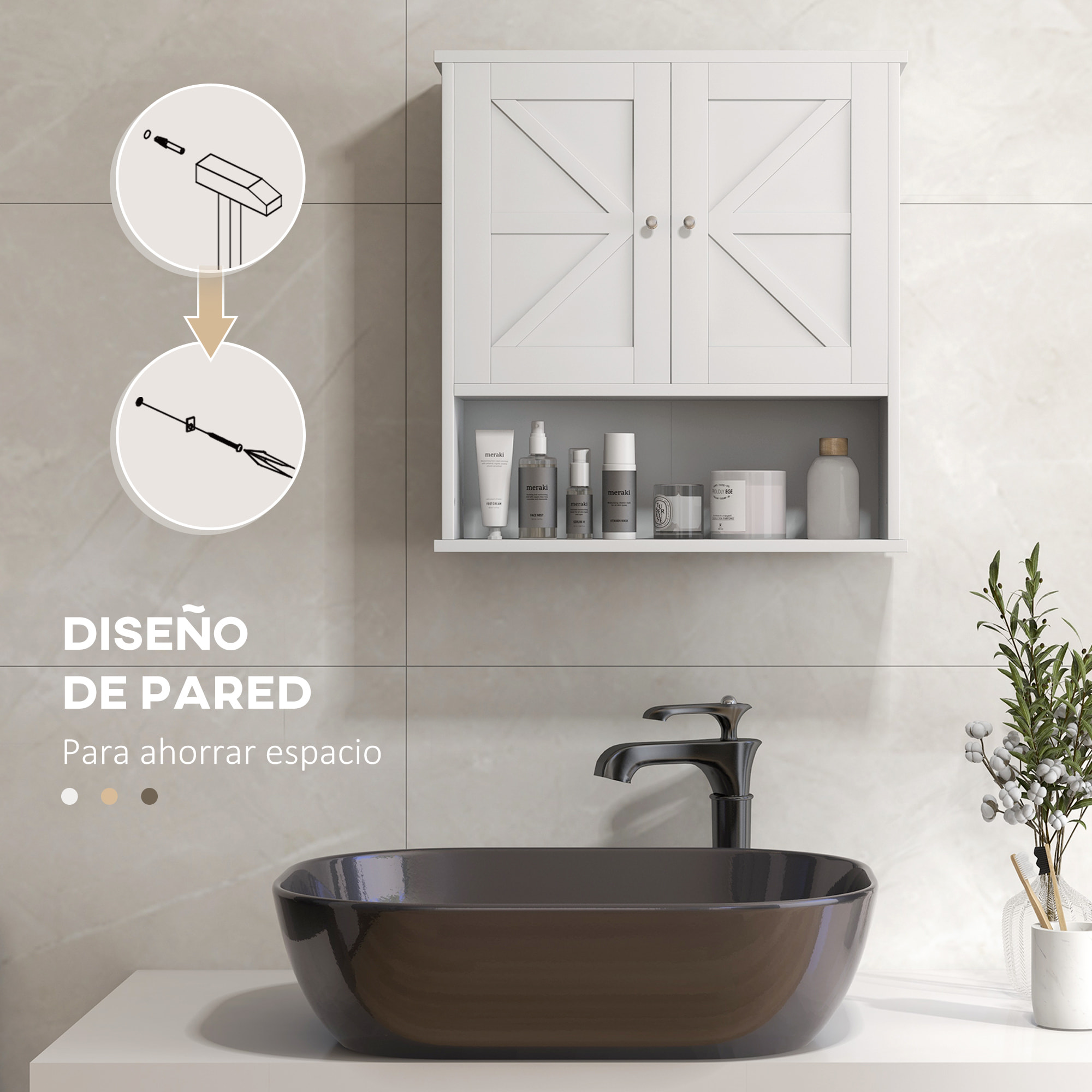 Armario de Baño de Pared, Mueble de Baño Colgar Rústico con Compartimento, Estante Ajustable, 2 Puertas, para Cocina, Lavadero, sobre el Inodoro, Blanco