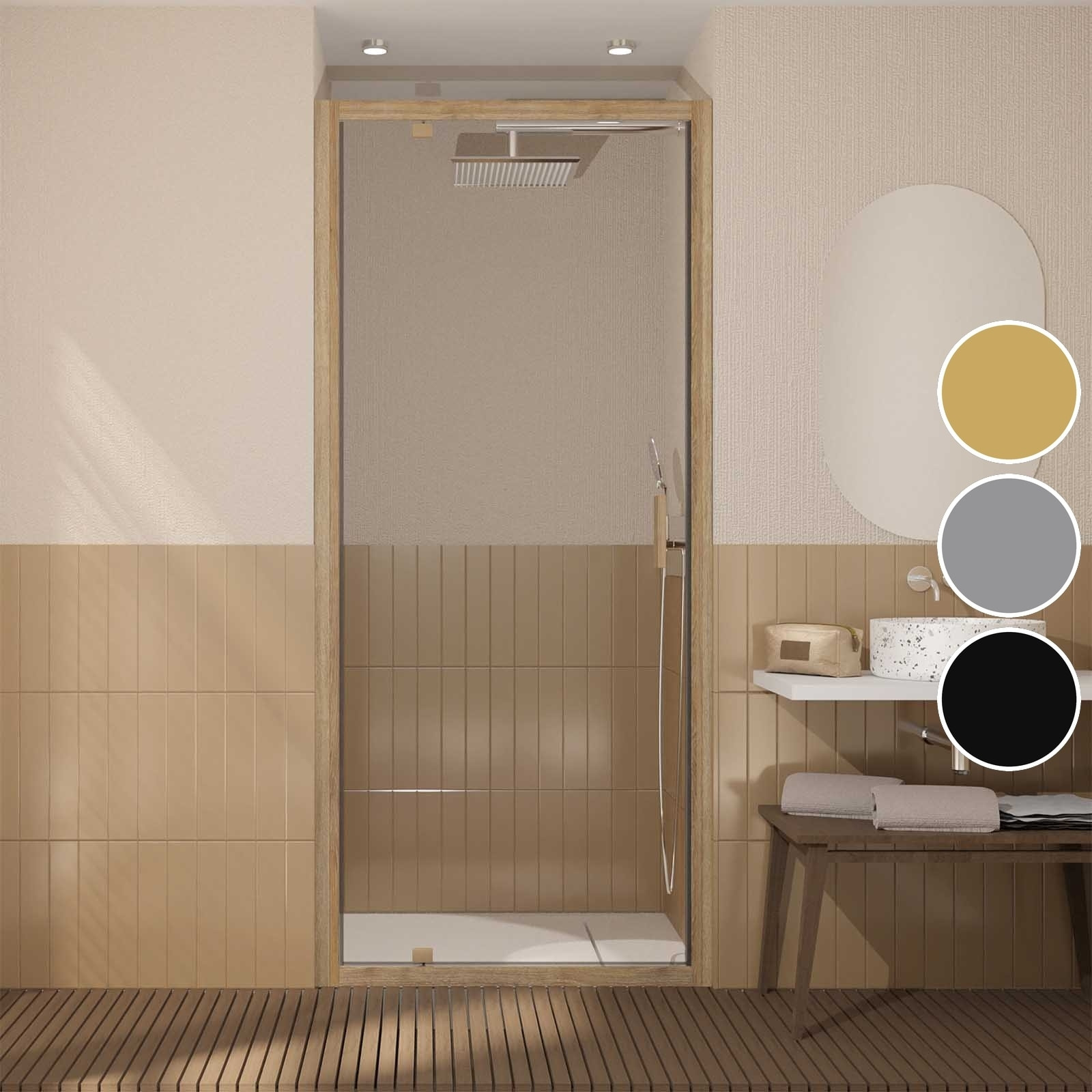 Porte de douche Pivotante 90x200cm - Profilés Aluminium effet Bois - Verre 6mm - WOOD CRUSH