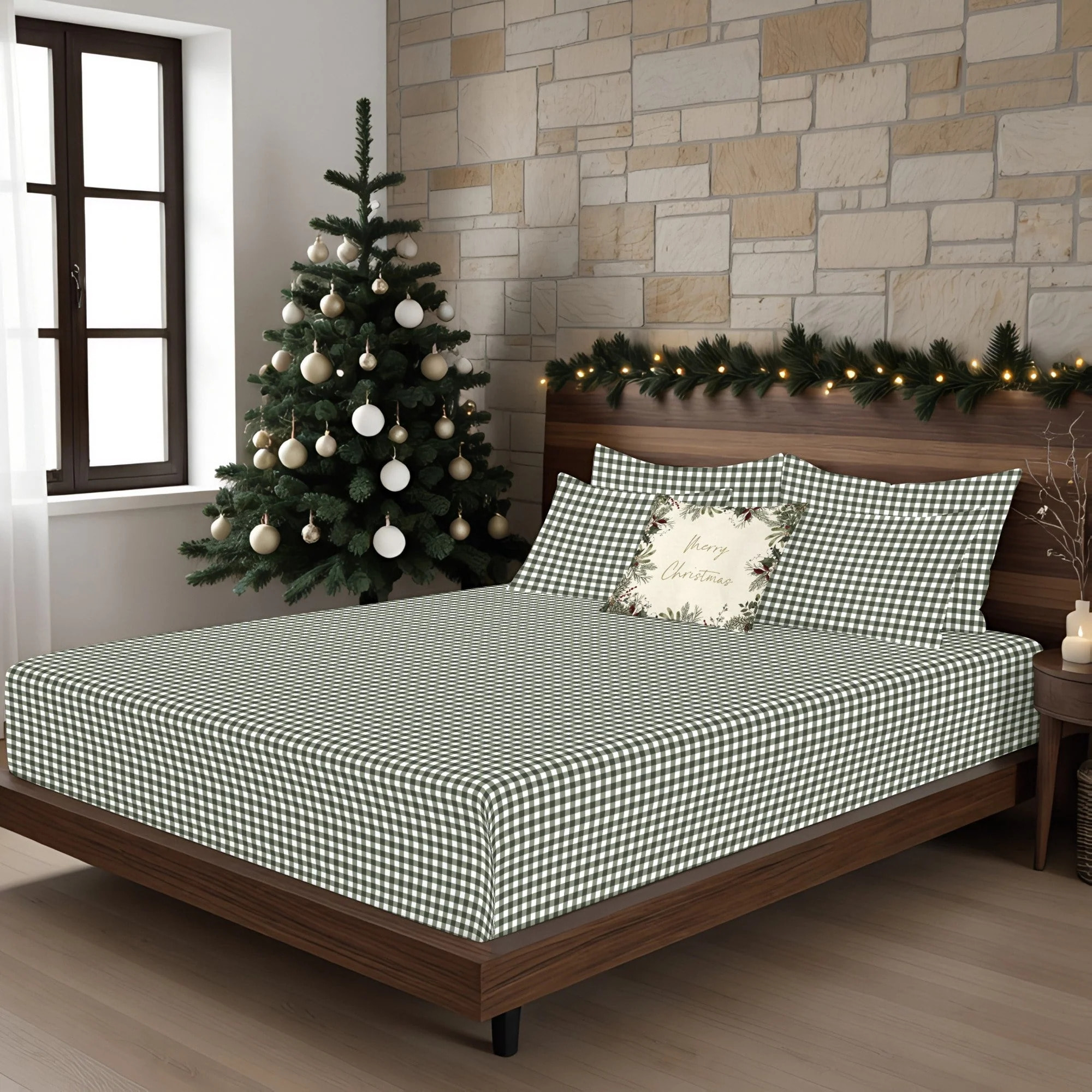Parure de lit 100% coton Xmas Vichy Vert