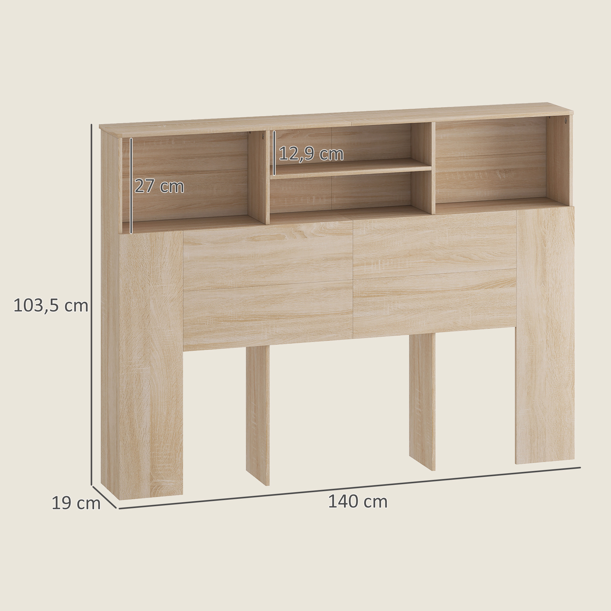 Tête de lit avec rangement - tête de lit bois 140 cm - 4 niches, grande étagère - naturel