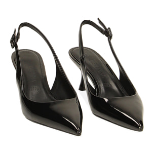 Décolleté slingback nere in vernice, tacco 6 cm
