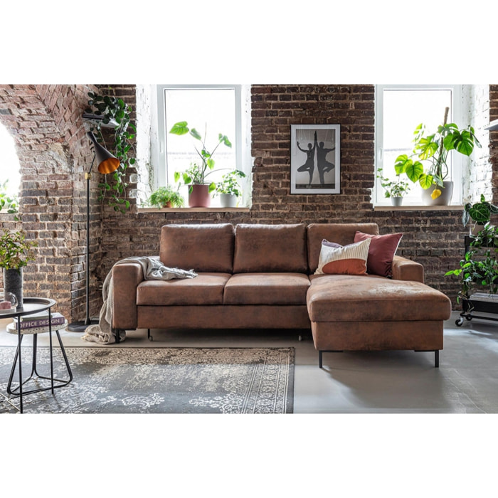 Lilly - Canapé d'angle droit - 4 places - convertible avec coffre - en microfibre - Marron