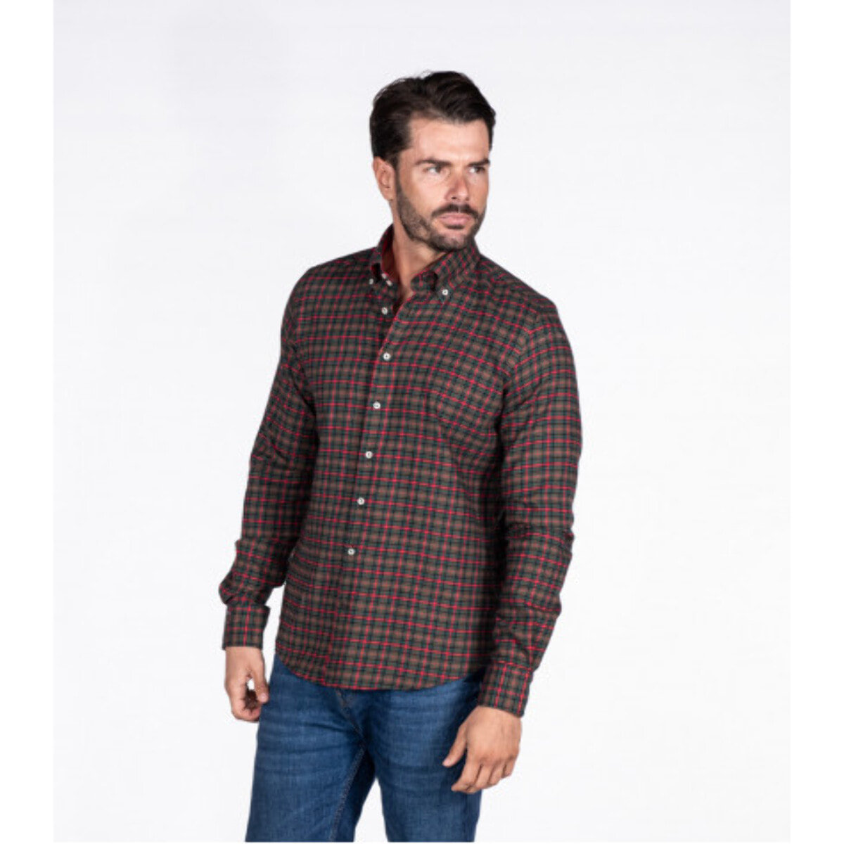Camicia Uomo 2 Bottoni Button Down Slim Flanella Quadro Grande Nero/Rosso