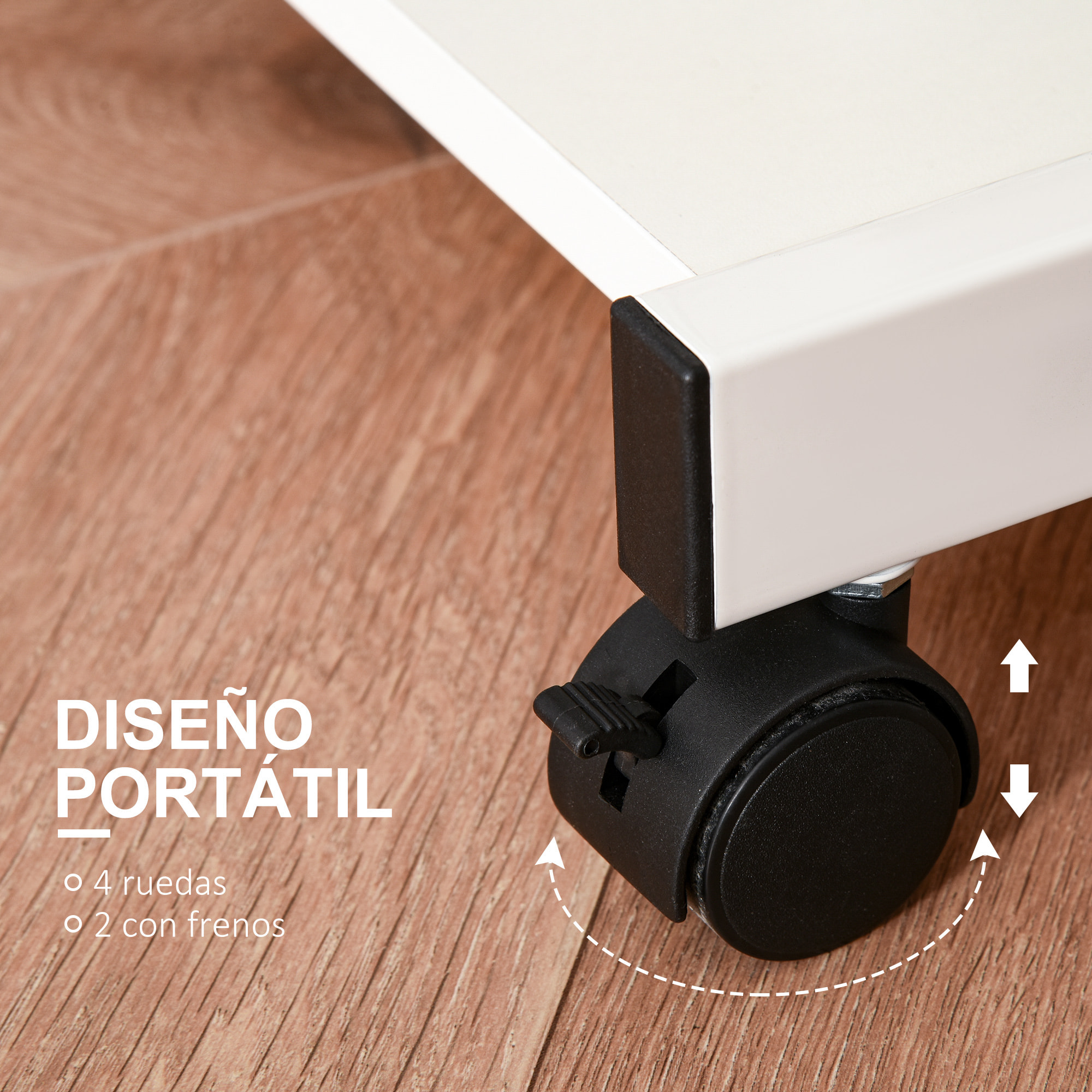 Mesa de Ordenador con Ruedas, 60x48 cm, Escritorio de Ordenador Moderno con Bandeja Deslizante para Teclado y Estante Inferior, Marco Metálico en Forma de Z, para Oficina, Estudio, Blanco