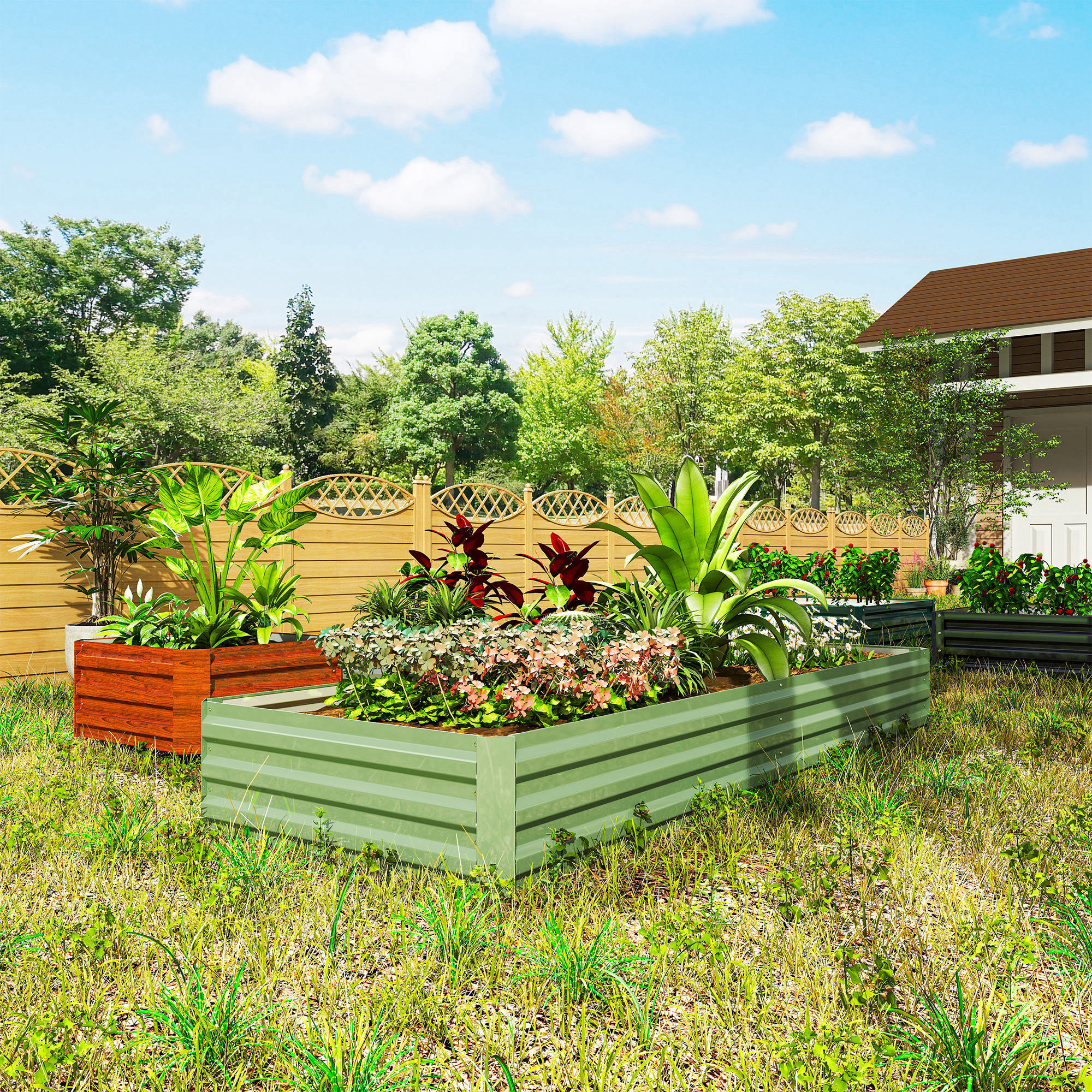Carré potager de jardin dim. 241L x 90l x 30H cm tôle d'acier ondulée vert clair