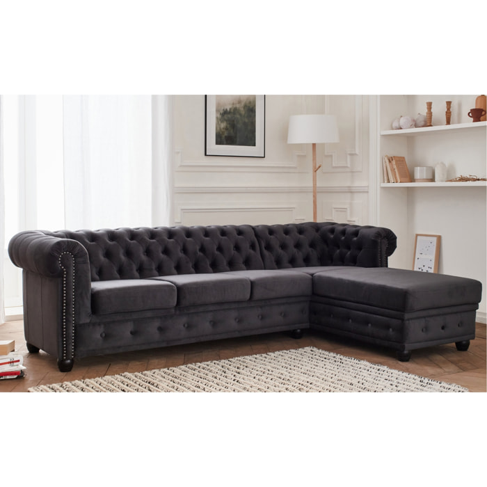 William - canapé Chesterfield d'angle droit - 4 places - en velours - Gris foncé