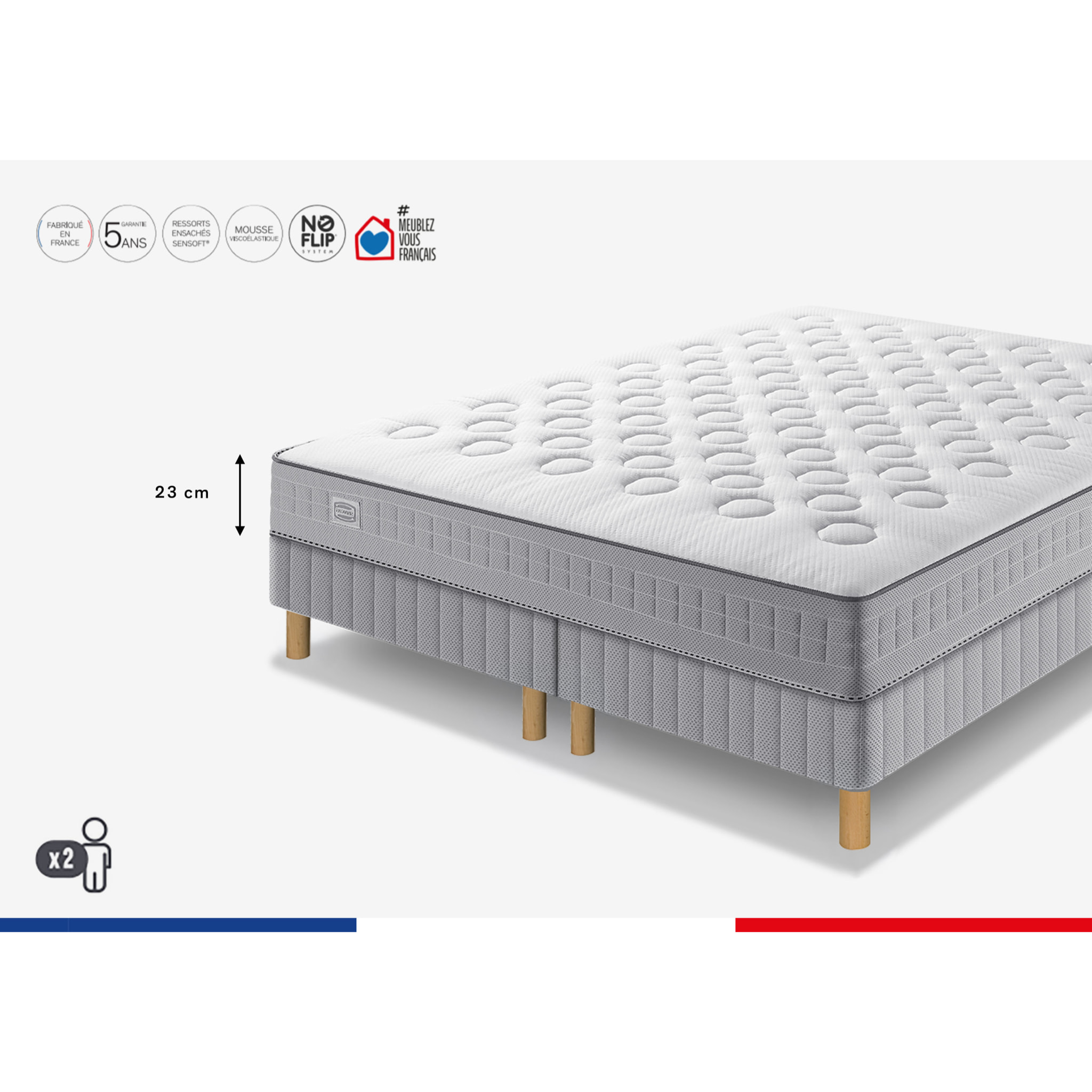 Ensemble INITIAL matelas H23 ressort ensachés, ferme, 2 sommiers